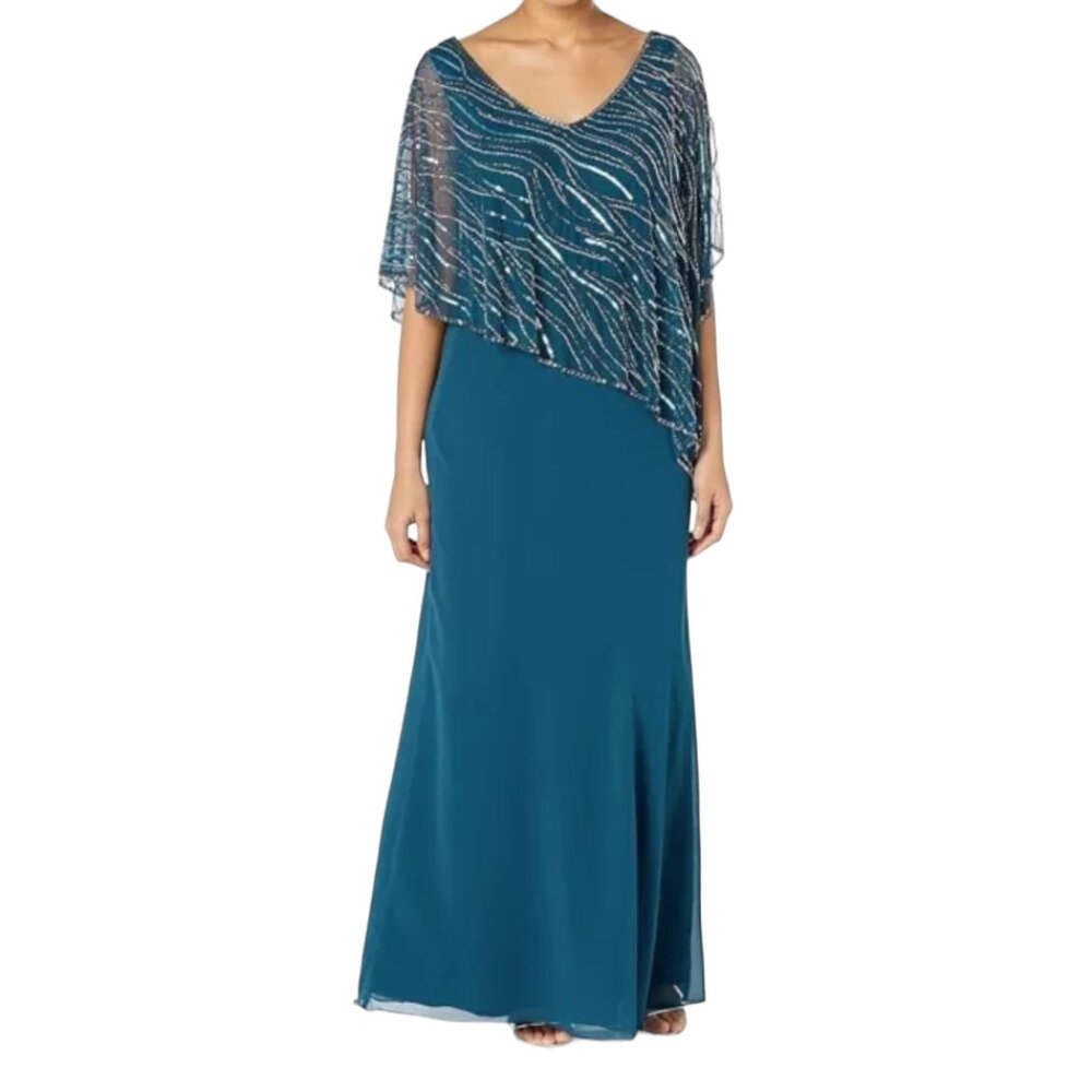 J Kara Women's Beaded V-Neck Sheer Capelet Teal Dress Gown Size 8P